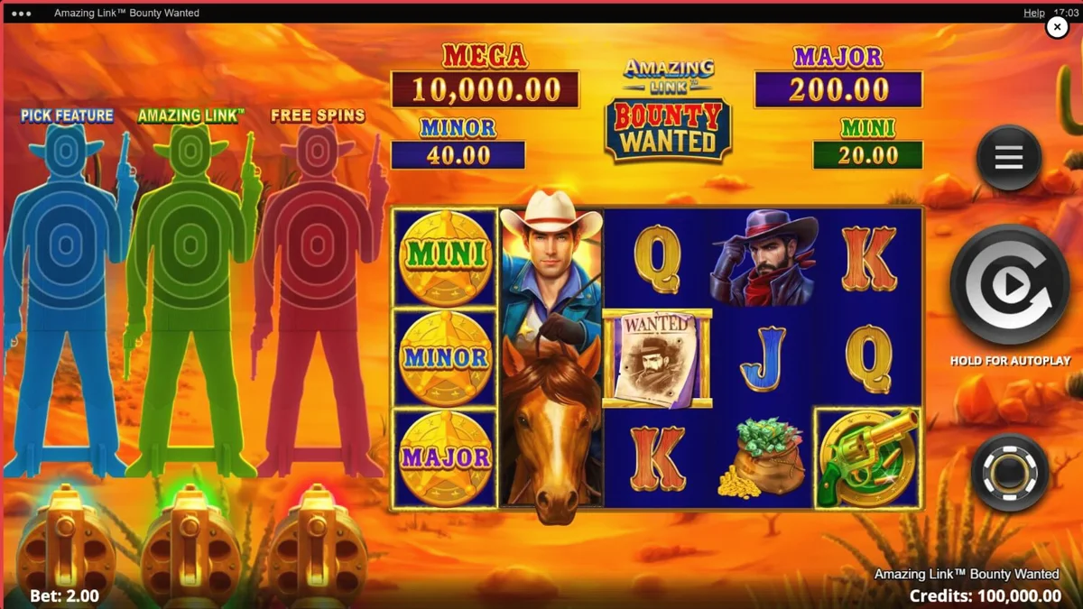 Cenário desértico e elementos de faroeste do slot Amazing Link Bounty Wanted