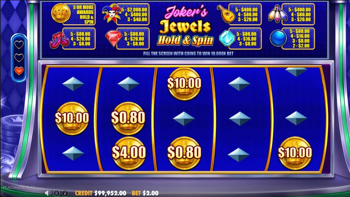 Interface do jogo de slot Joker’s Jewels Hold & Spin com símbolos de joias e o Joker