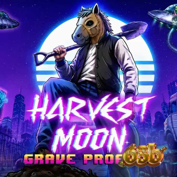 Harvest Moon Grave Profits slot interface com tema de laboratório sombrio